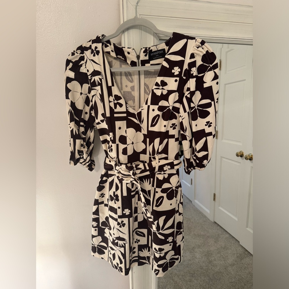 Minkpink Brown and White Floral Dress with belt